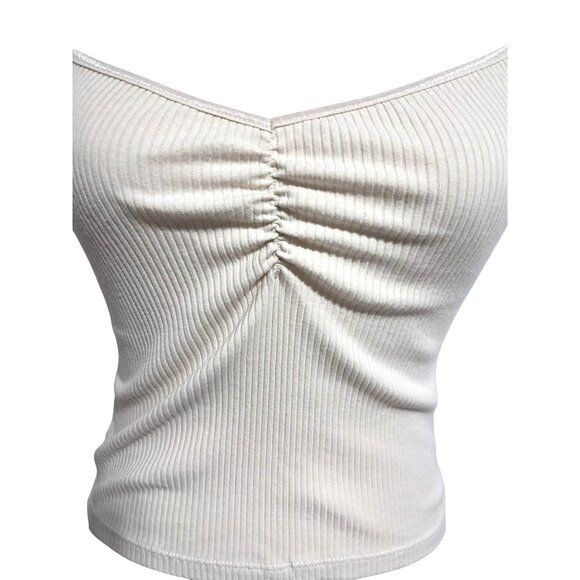 American Eagle Aerie Beige Ribbed Ruched Spaghetti Strap Crop Tank Top Size M - Picture 2 of 9
